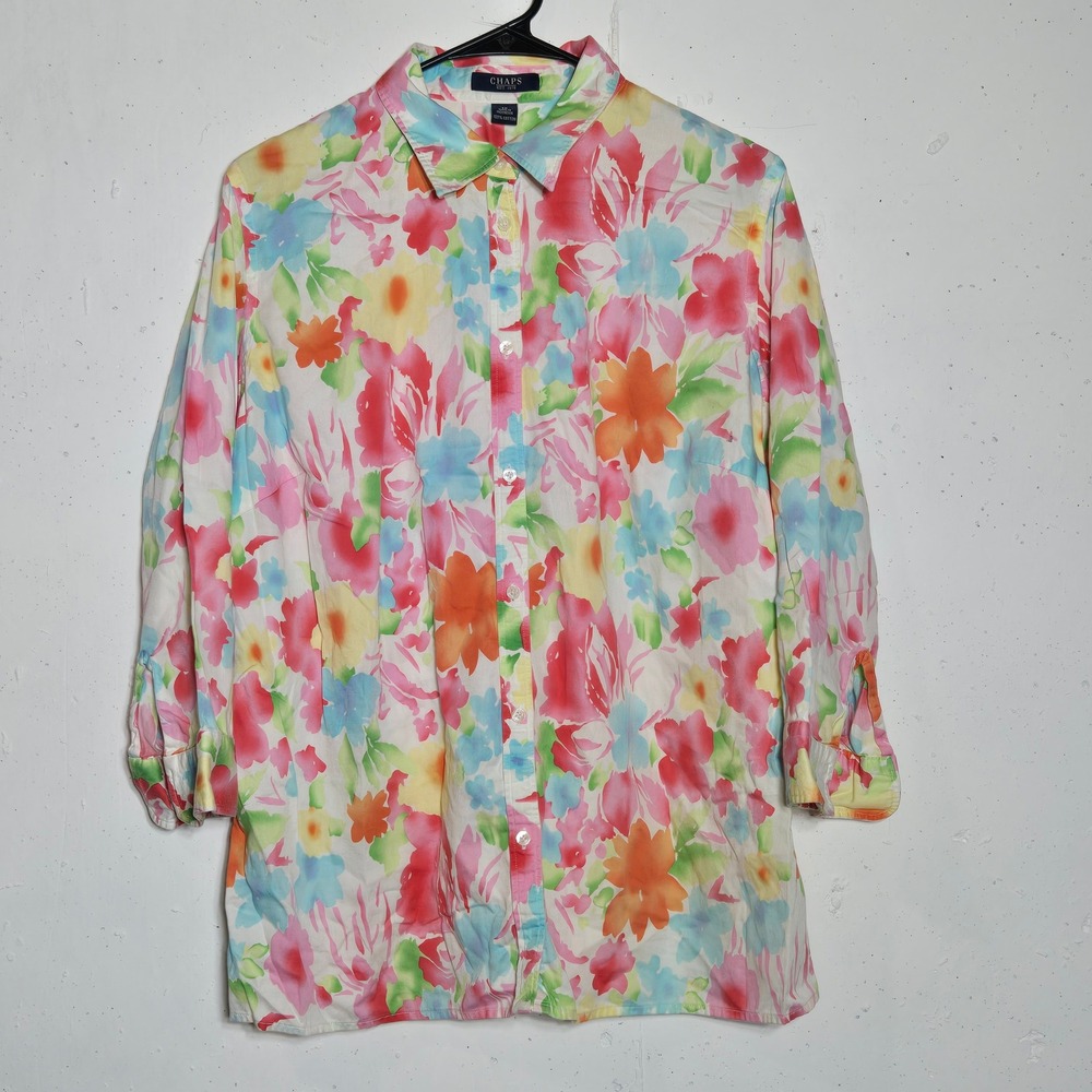 Chaps Floral Button Front Shirt Plus 1X Boho Business Career Cottage Preppy